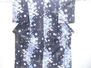 綿絽　草花に蝶模様浴衣